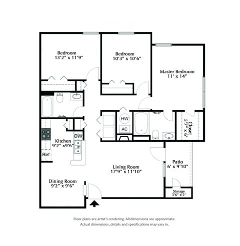 Floor plan for 3 beds, 2 baths, 1200 sqft